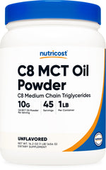 Nutricost C8 MCT Oil Powder bottle pour detail for keto routine