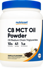 Nutricost C8 MCT powder vanilla bottle showing high C8 content for keto use