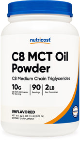 Nutricost C8 MCT Powder bottle highlight a high concentration for keto and low carb diets