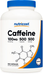 Nutricost caffeine pills 100mg bottle on shelf for sugar-free energy.