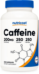 Nutricost Caffeine Pills bottle showing 200 mg per capsule for energy.