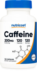 Nutricost caffeine pills bottle showing 200 mg per capsule for focused energy