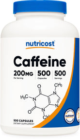 Nutricost caffeine pills 200mg capsule close-up for quick alertness