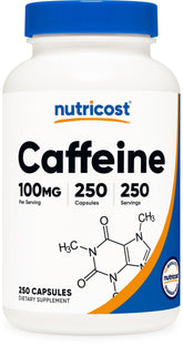 Nutricost Caffeine pills bottle front with clean labeling for energized mornings