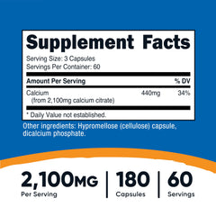Nutricost Calcium Citrate bottle label shows 2,100 mg per serving and vegan formula