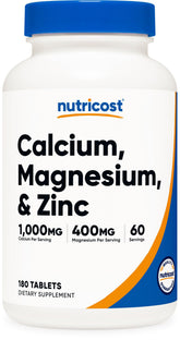 Nutricost Calcium Magnesium Zinc bottle shows a balanced mineral blend for daily wellness.