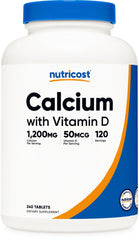 Nutricost calcium with vitamin d bottle front showing label with 1200 mg calcium per serving