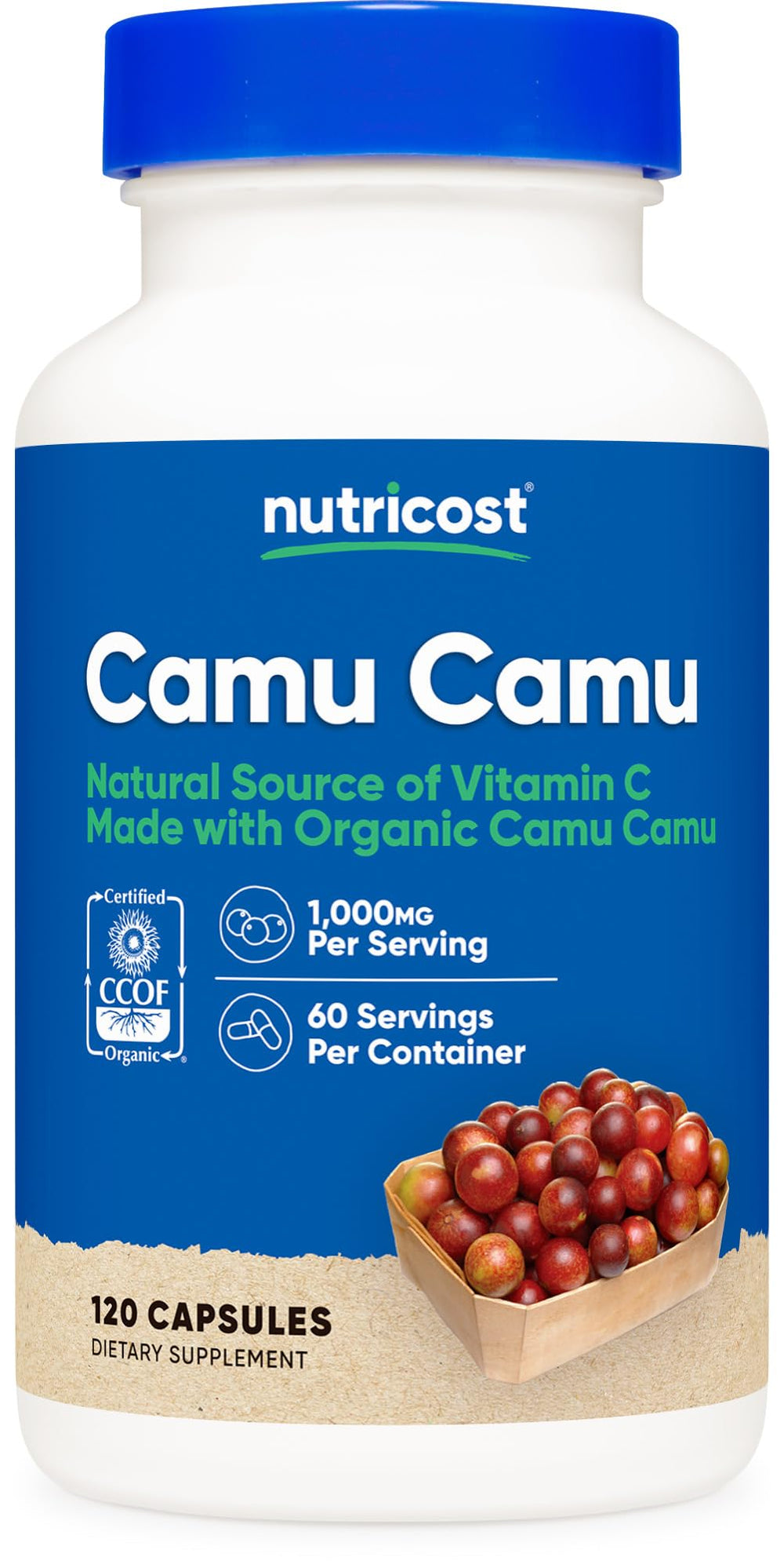 Nutricost Camu Camu bottle front, a rich vitamin C source for daily wellness.
