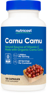 Nutricost Camu Camu bottle front, a rich vitamin C source for daily wellness.