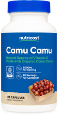 Nutricost Camu Camu bottle front, a rich vitamin C source for daily wellness.
