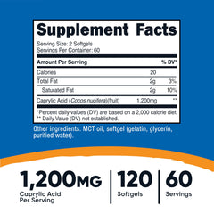 Nutricost Caprylic Acid 1200mg bottle back label detailing ingredients and certifications.