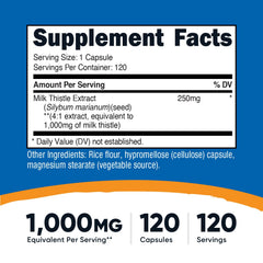 Nutricost Cardo Mariano: etiqueta con ingredientes y beneficios.