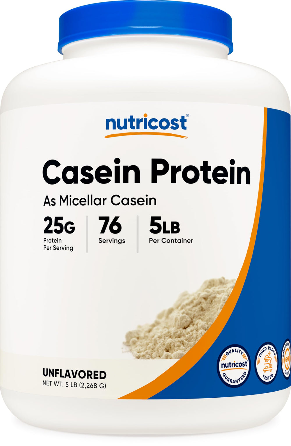 Nutricost Casein Protein 5lb bottle shows micellar proteins for steady overnight release.