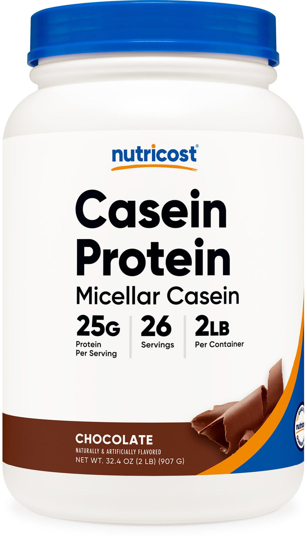 Nutricost Casein Protein Powder chocolate 2lb tub for sustained protein between meals.