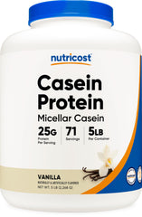 Nutricost Casein Vanilla bottle showing steady protein for between meals.