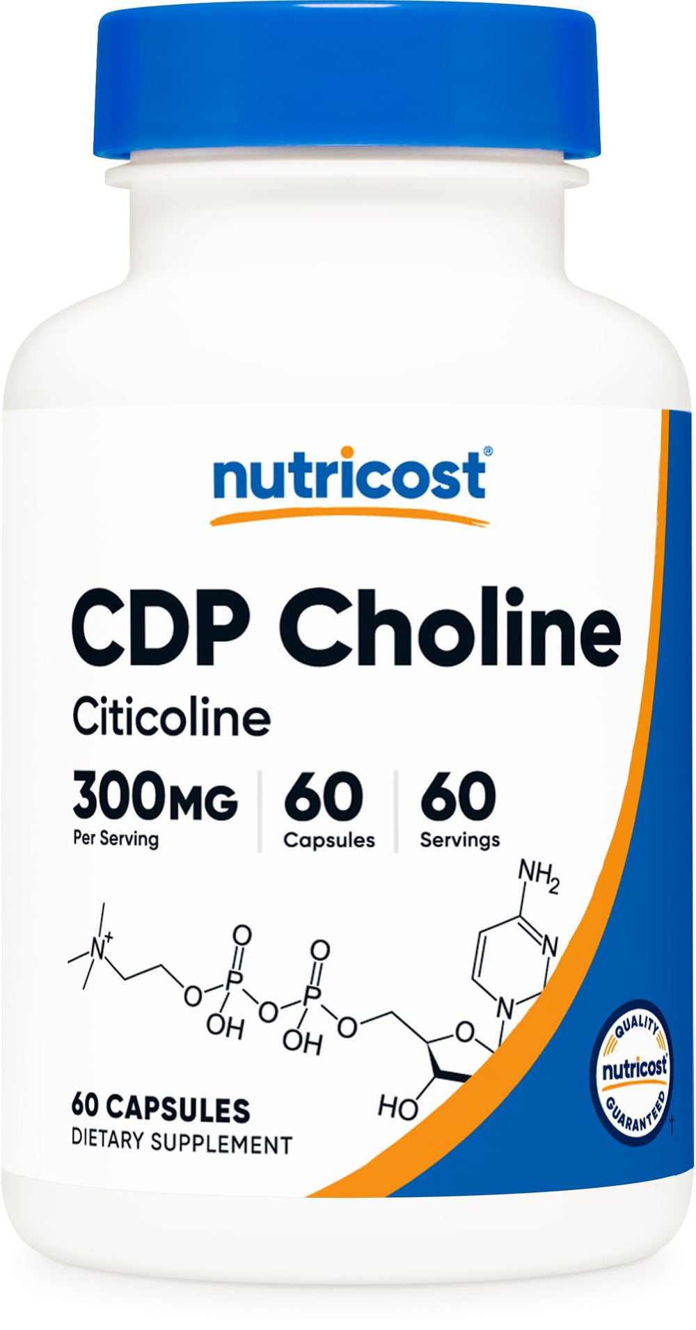 Nutricost CDP Choline 300mg bottle front with vegetarian capsules for daily use