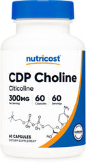 Nutricost CDP Choline 300mg bottle front with vegetarian capsules for daily use