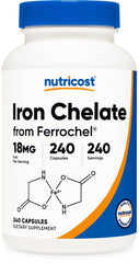 Nutricost chelated iron 18mg bottle showing 240 capsules for daily iron intake