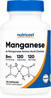 Nutricost chelated manganese bottle on kitchen counter for daily wellness.