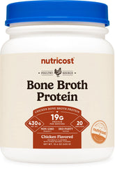 Nutricost Chicken Bone Broth Protein powder close-up for rich flavor addition.