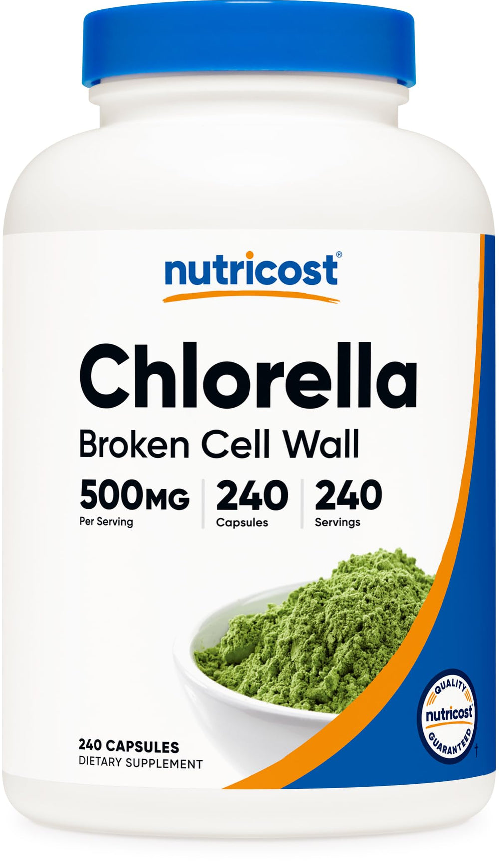 Nutricost Chlorella bottle front view showing 240 capsules.