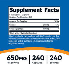 Nutricost Choline Bitartrate capsule close-up highlighting easy-to-swallow form