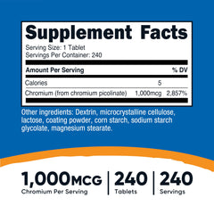 Nutricost Chromium 1000mcg tablets pour image highlights easy-to-swallow form for everyday routines.