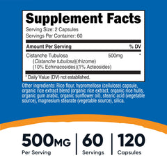 Nutricost Cistanche Tubulosa capsules close-up showing 500 mg per capsule.