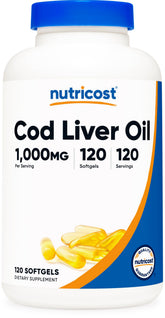 Nutricost Cod Liver Oil softgel bottle showing premium omega-3 source