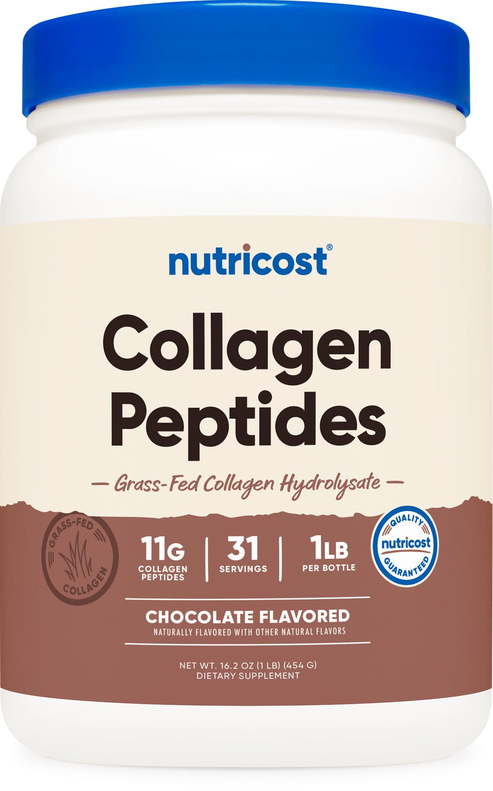 Nutricost collagen peptides chocolate front label highlighting grass-fed quality