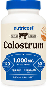 Nutricost Colostrum 1000mg bottle on a clean counter, emphasizing premium packaging