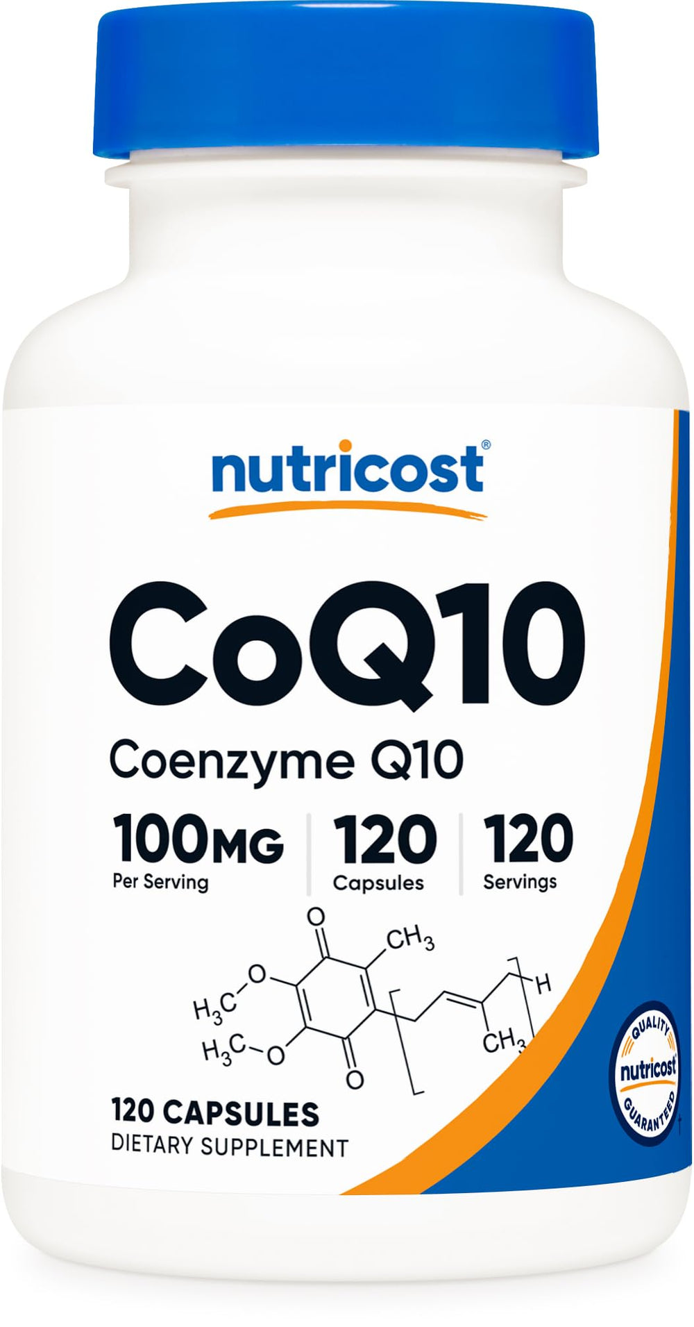 Nutricost CoQ10 100mg bottle label signaling quality and daily wellness use