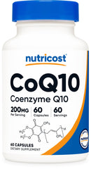 Nutricost CoQ10 200mg bottle with clear label for easy daily use.