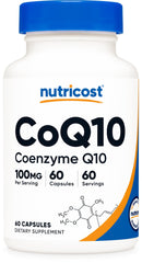 Nutricost CoQ10 bottle showing 60 vegetarian capsules for daily use.
