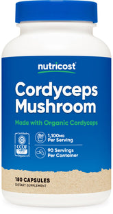 Nutricost Cordyceps bottle front view highlighting organic, high-potency 1100 mg per serving.