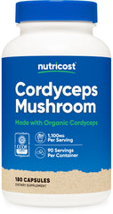 Nutricost Cordyceps bottle front view highlighting organic, high-potency 1100 mg per serving.