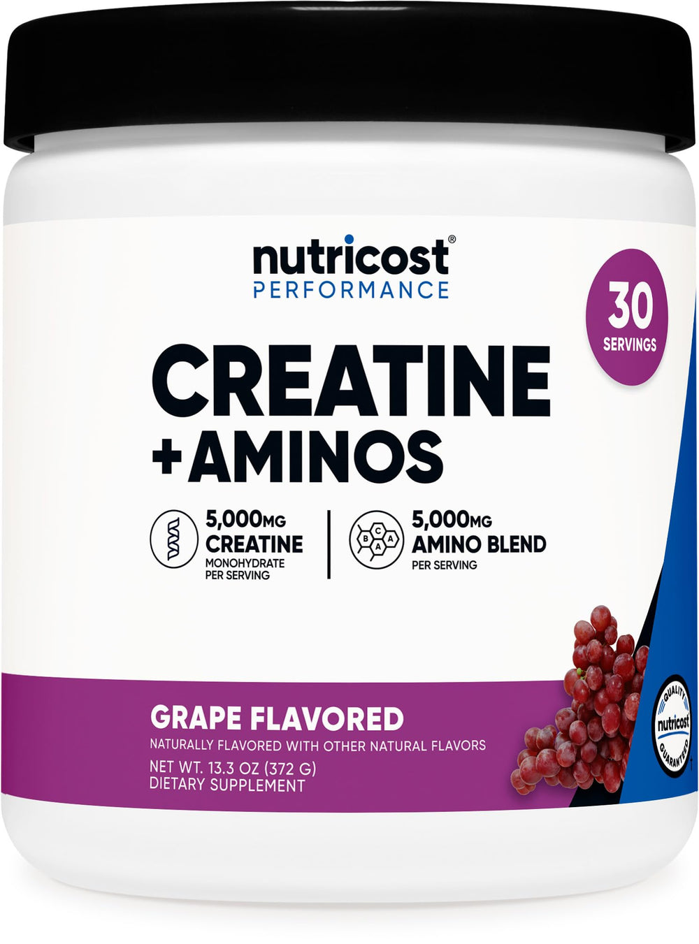 Nutricost Creatine + Aminos grape bottle front highlighting flavorful daily supplementation.