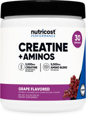 Nutricost Creatine + Aminos grape bottle front highlighting flavorful daily supplementation.