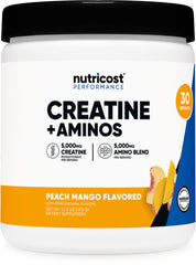 Nutricost Creatine + Aminos Peach Mango bottle showing full label and dosage details for workouts