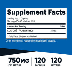 Nutricost Creatine HCl 750 mg per capsule highlights convenient dosing for training sessions.