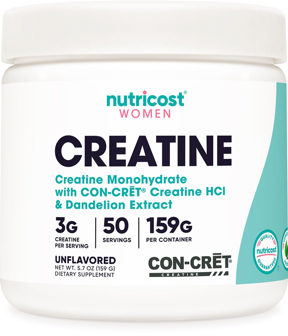 Nutricost Creatine Monohydrate bottle front with micronized powder for easy mixing.
