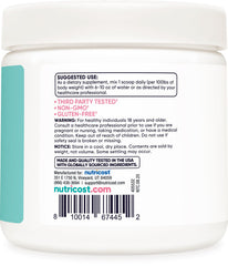 Nutricost Creatine Monohydrate powder close-up shows fine texture suitable for mixing.