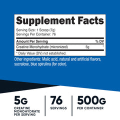 Nutricost Creatine Monohydrate Blue Raspberry powder in a shaker for easy mixing.