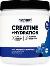 Nutricost Creatine Monohydrate bottle with blue raspberry flavor for workouts.
