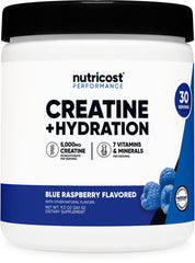 Nutricost Creatine Monohydrate bottle with blue raspberry flavor for workouts.