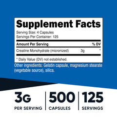 Nutricost creatine monohydrate capsules close-up showing easy dosing