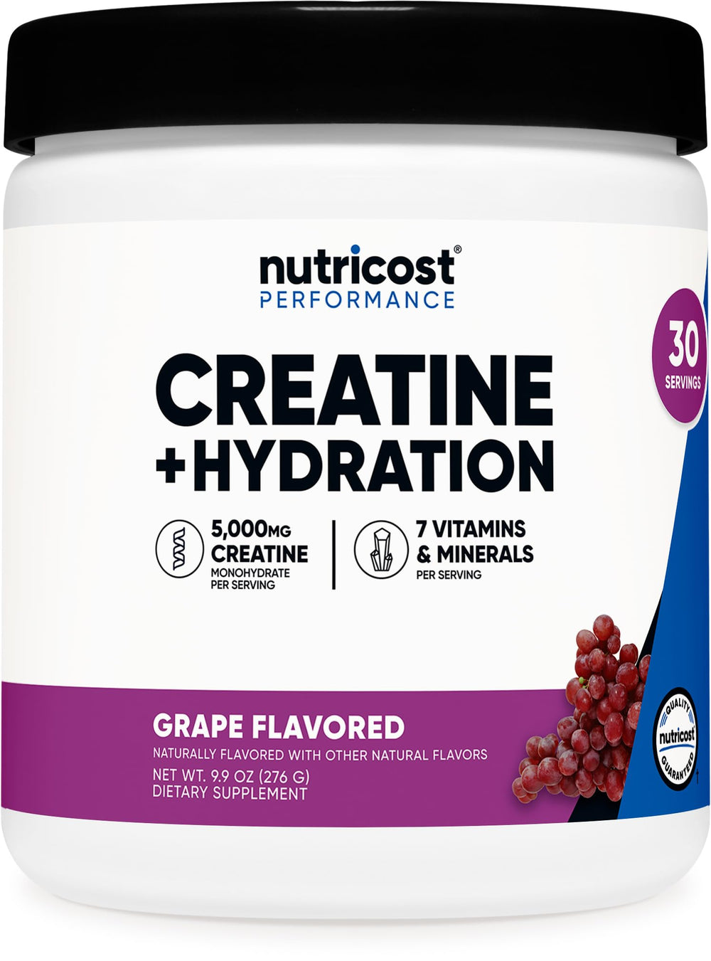 Nutricost Creatine Monohydrate grape bottle shows grape flavor for daily supplementation