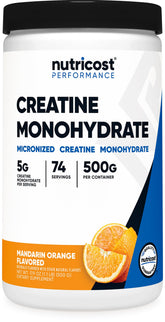 Nutricost Creatine Monohydrate Mandarin Orange bottle for daily workouts.