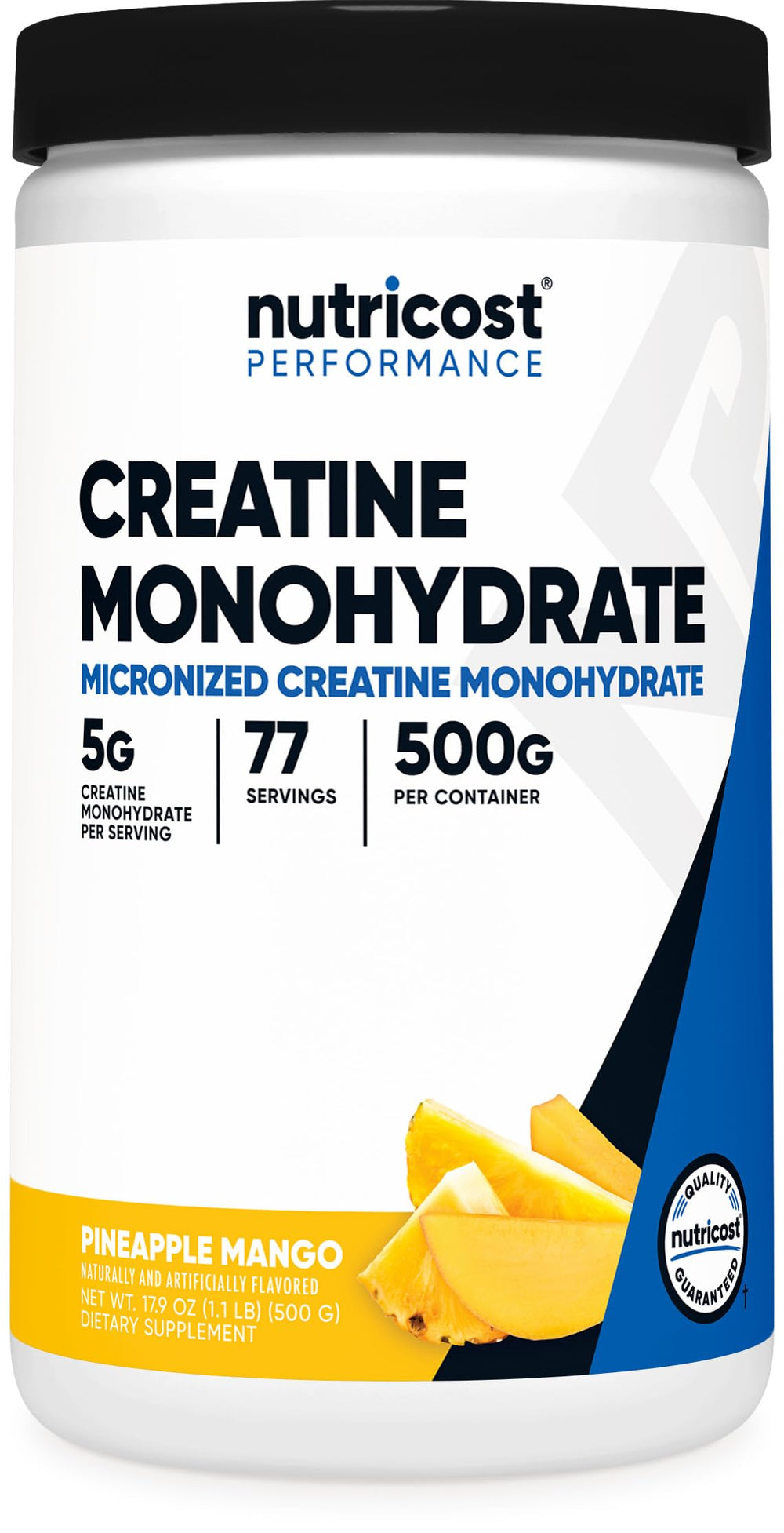 Nutricost Creatine Monohydrate Pineapple Mango bottle label shows easy daily dosing.