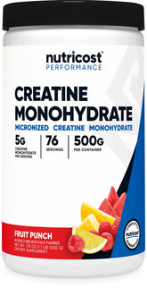 Nutricost Creatine Monohydrate Fruit Punch bottle for daily workouts.